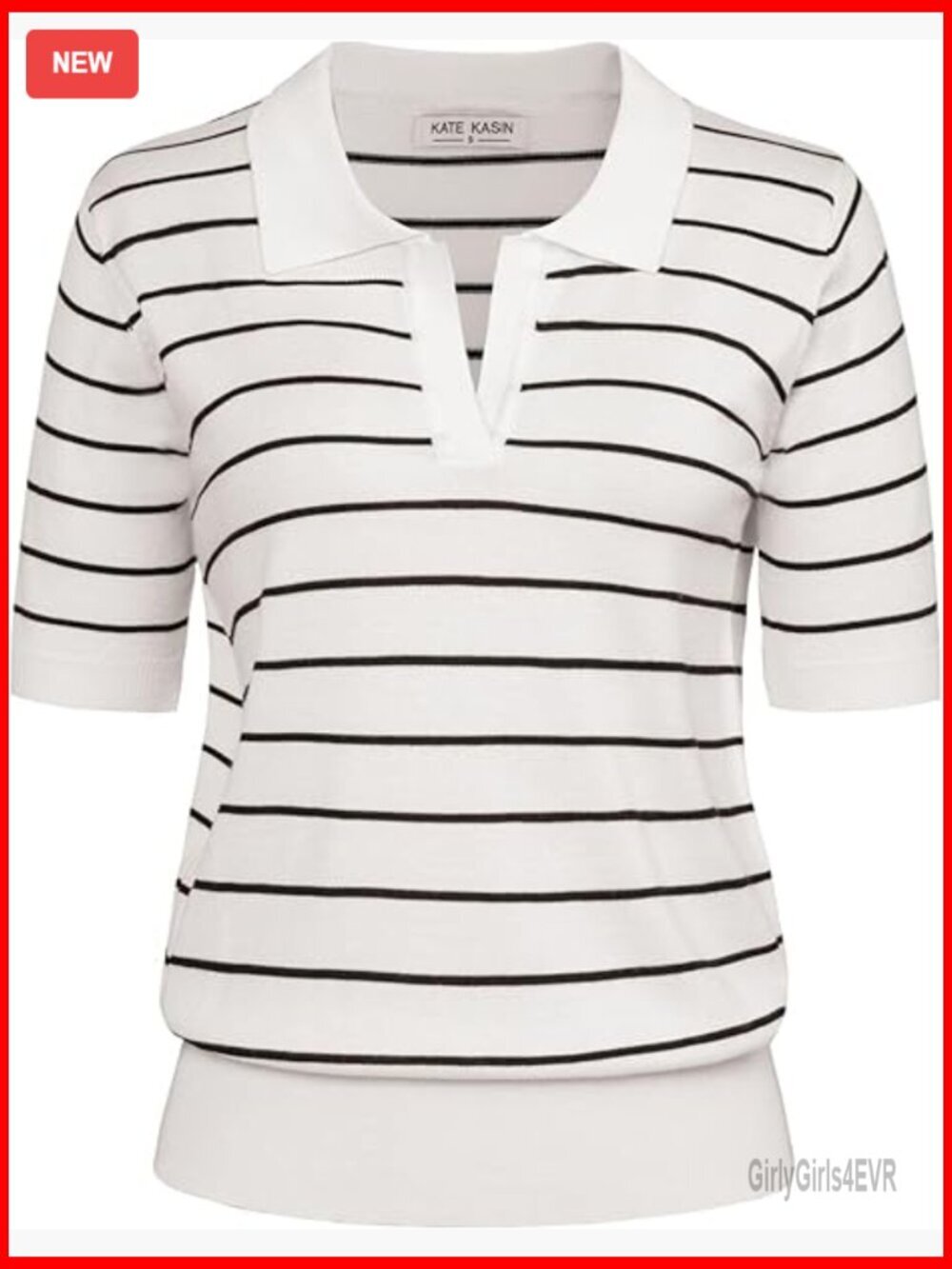 Short Sleeve V-Neck Polo Sweater, Ribbed Knit Pullover, Casual Loose Fit